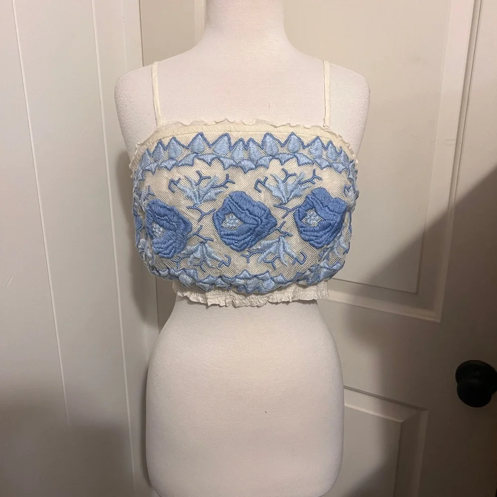 Free People Rosebud Embroidered Tank Top Blue White Coquette Fairy Festival Boho